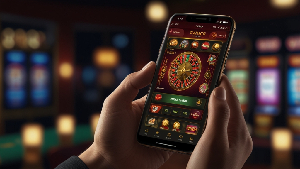Hand installing a casino APK on a phone with safety icons and dark casino lighting