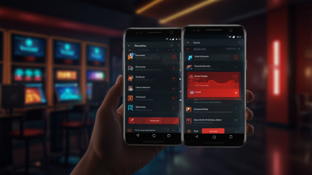 Phones and compatibility icons beside a casino app login screen in a dark neon setting